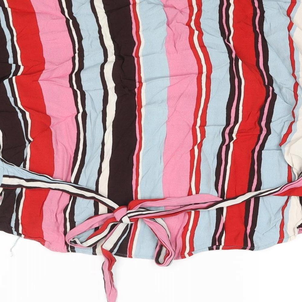 Zara Womens Multicoloured Striped Polyester Basic Blouse Size M Round Neck - Sleeve Slit Detail Belted