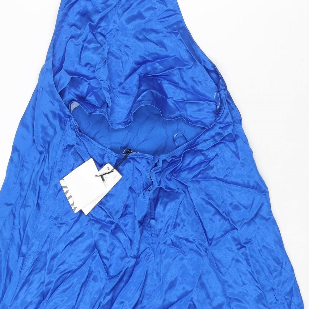 Zara Womens Blue Polyester A-Line Size M Halter Button