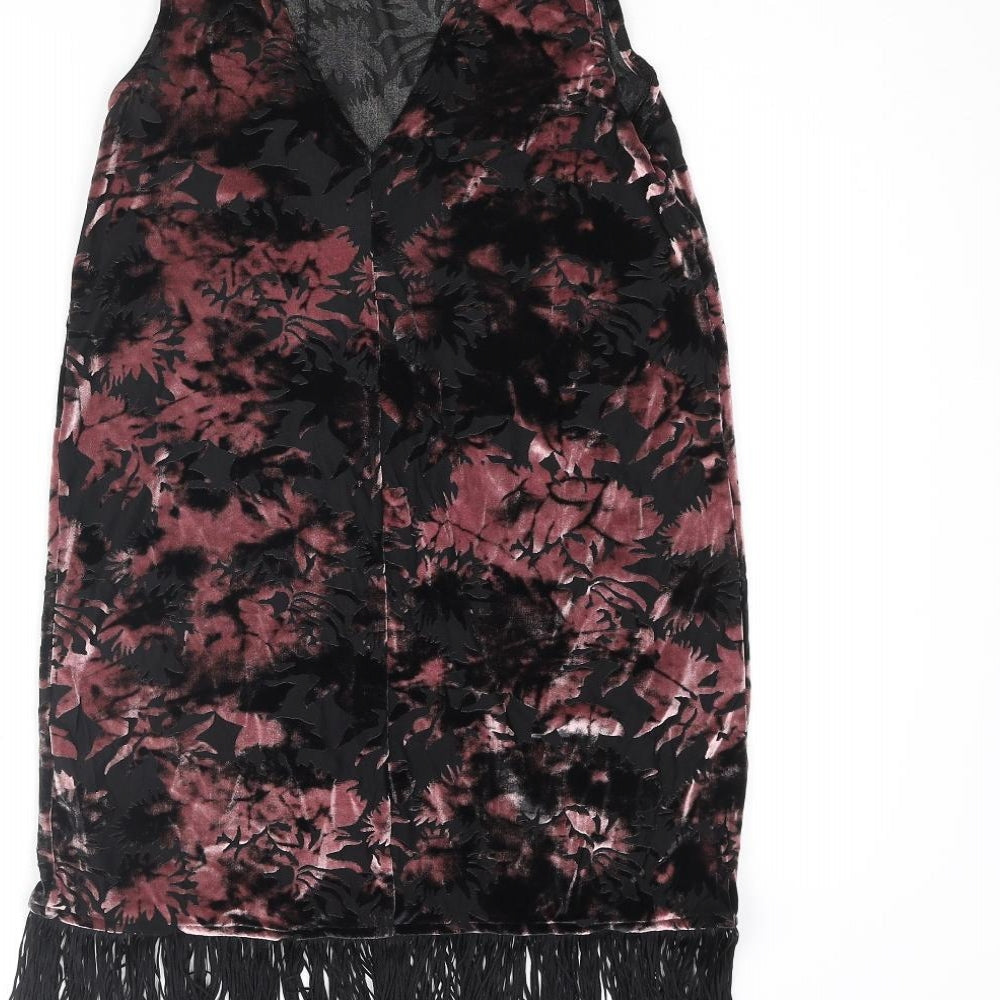 Topshop Womens Pink Floral Polyester Mini Size 8 Round Neck Pullover - Fringe Hem