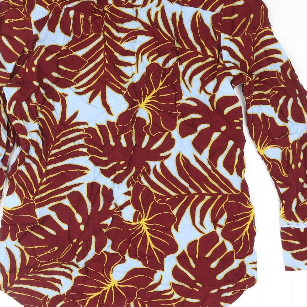H&M Womens Red Geometric Viscose Basic Button-Up Size 4 Collared - Leaf Pattern