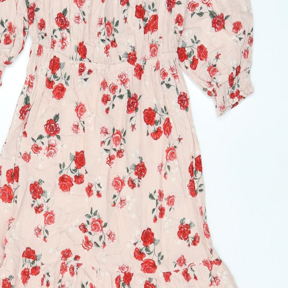 H&M Womens Pink Floral Viscose A-Line Size 8 Off the Shoulder Pullover - Pleated