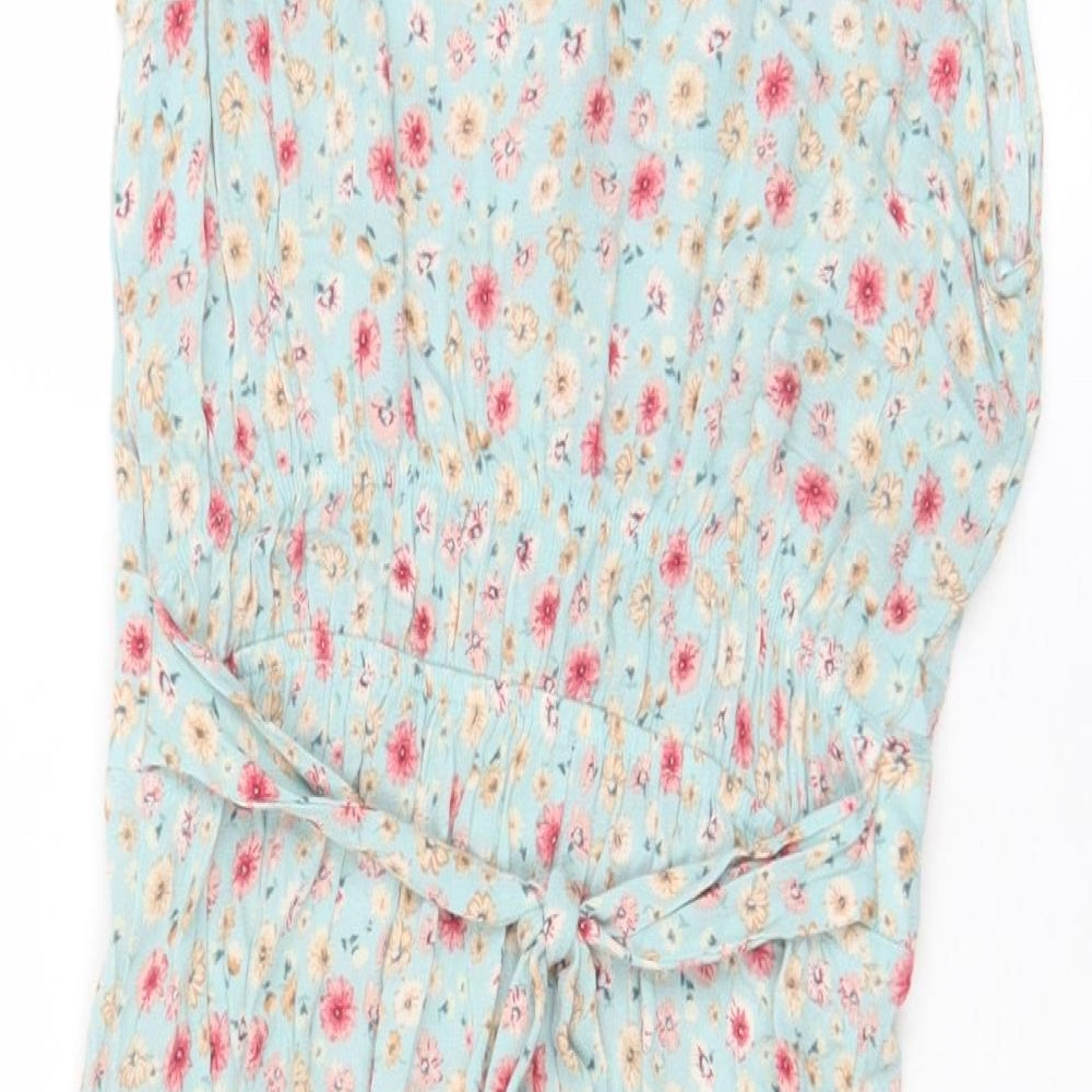 Monteau Womens Blue Floral Viscose A-Line Size S Collared Button - Belted