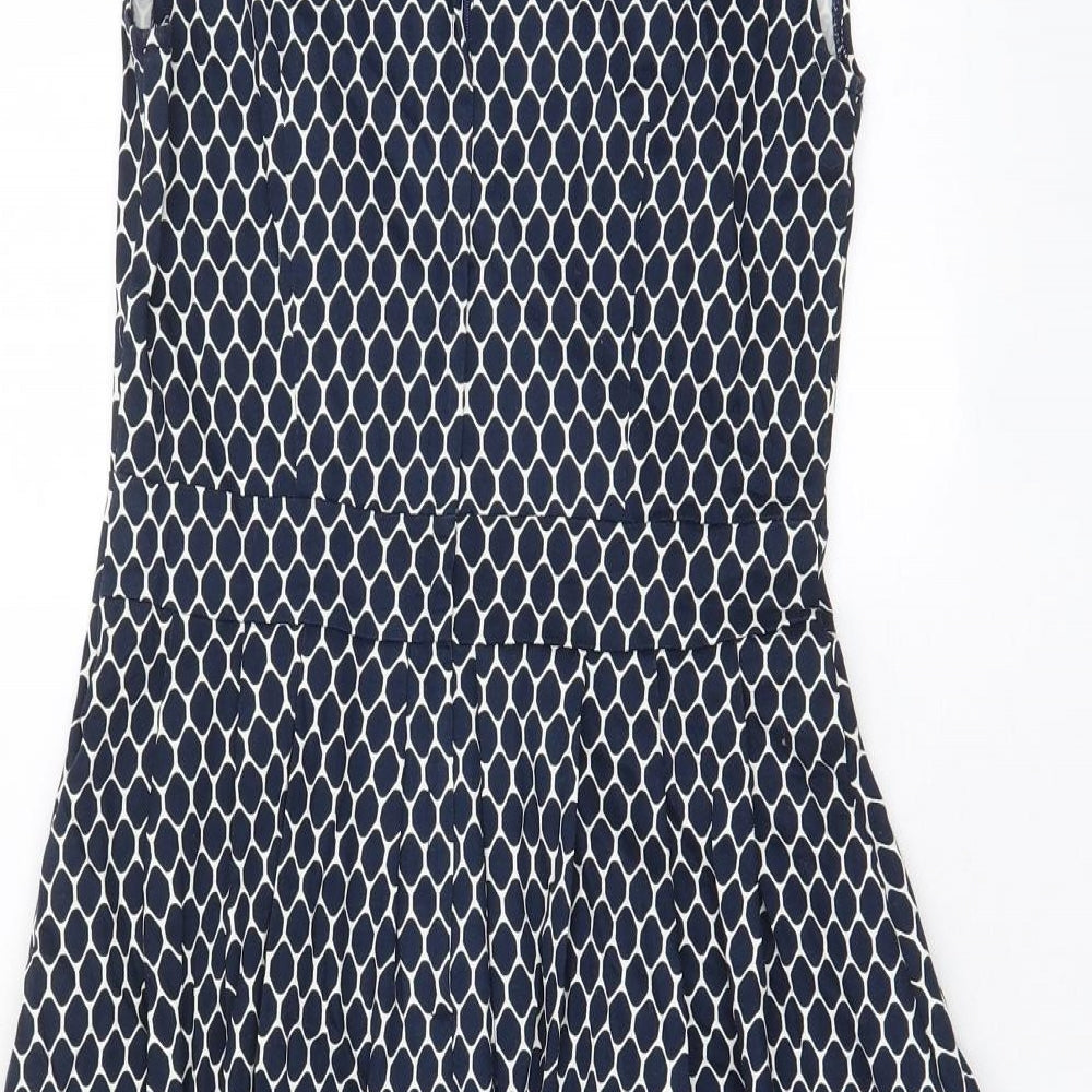 Apricot Womens Blue Geometric Cotton A-Line Size 8 V-Neck Zip - Pleated