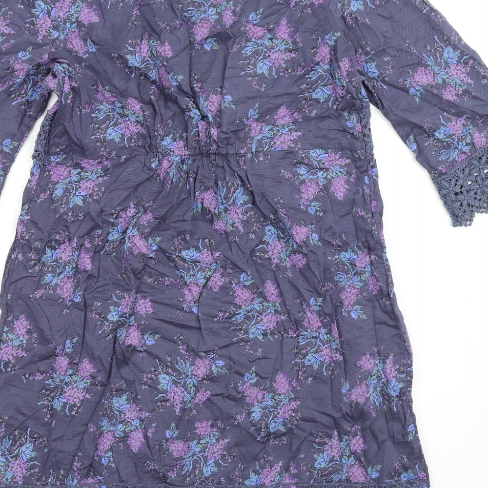 Indigo Womens Blue Floral Cotton A-Line Size 10 Square Neck Pullover