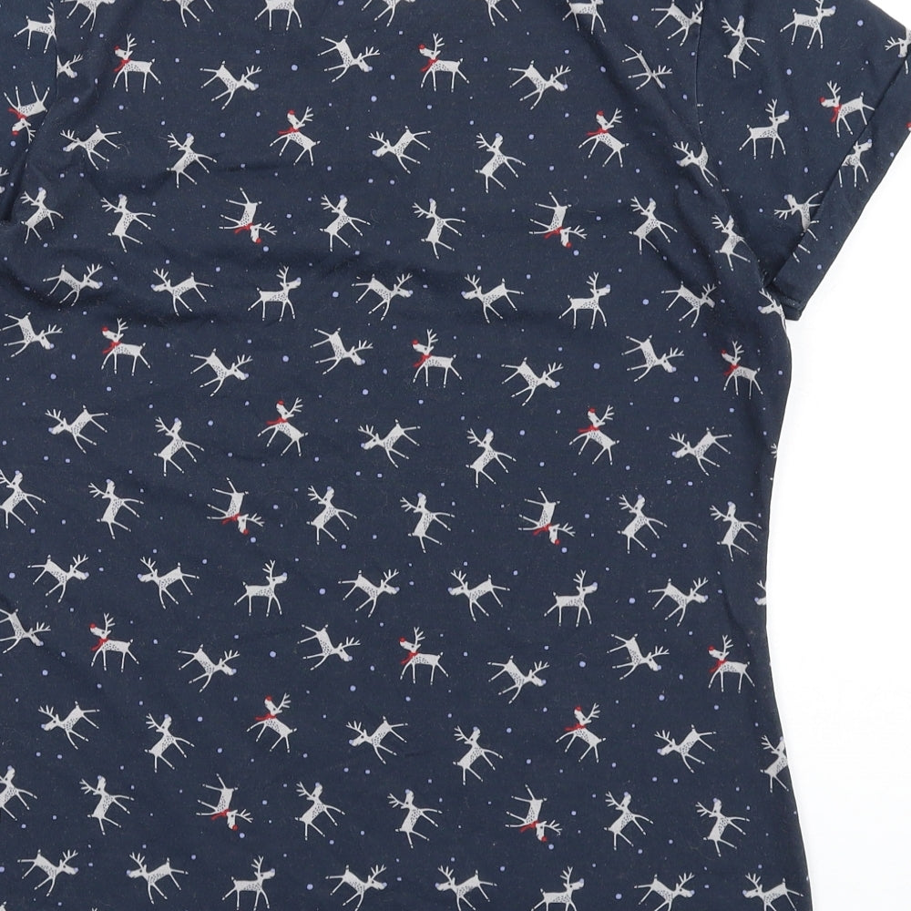 Marks & Spencer Womens Blue Geometric Polyester Basic T-Shirt Size 10 Round Neck - Reindeer