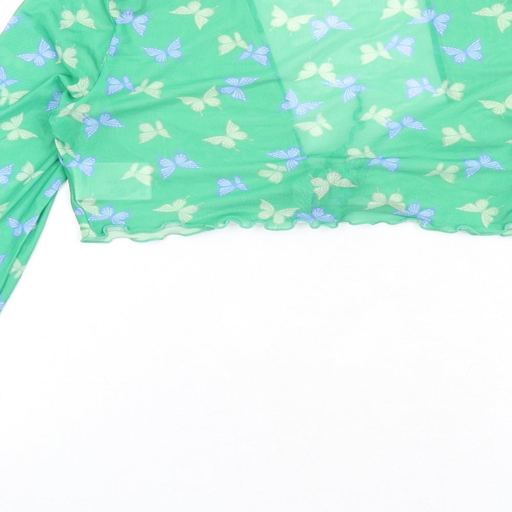H&M Womens Green Geometric Polyester Cropped T-Shirt Size S V-Neck