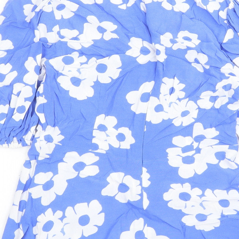 Marks & Spencer Womens Blue Floral Viscose Basic Blouse Size 6 Round Neck