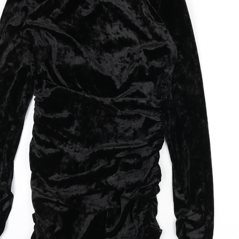Zara Womens Black Polyester Bodycon Size M V-Neck Zip - Ruched Sides