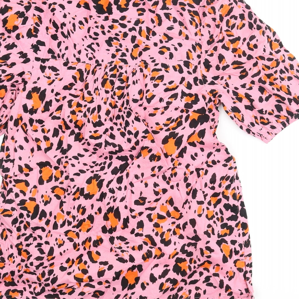 Marks & Spencer Womens Pink Animal Print Cotton Basic Blouse Size 6 Round Neck - Leopard Print