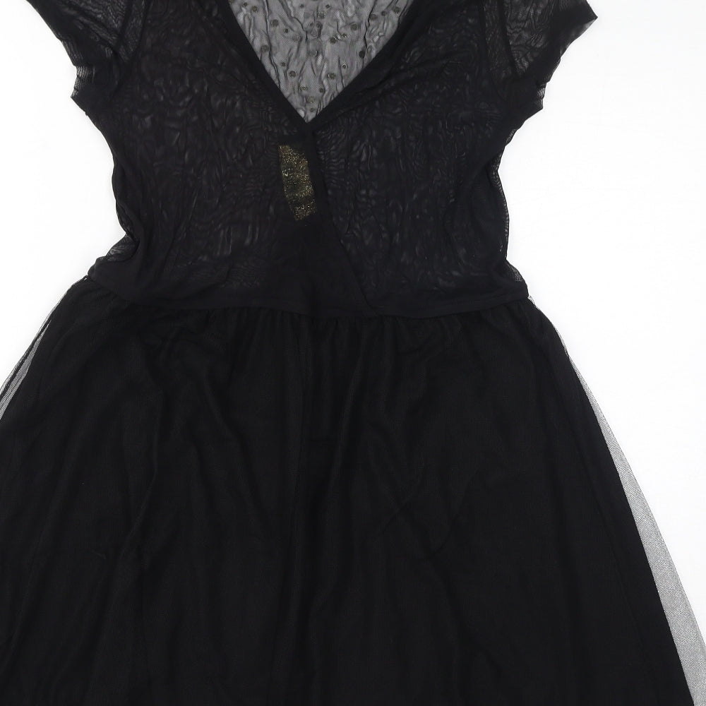Stradivarius Womens Black Polyester A-Line Size L Round Neck Pullover - Mesh, Metal Embellishments