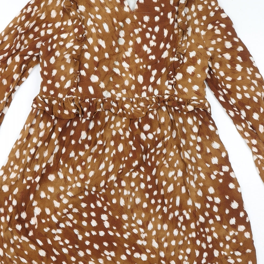 Zara Womens Brown Geometric Viscose A-Line Size M Round Neck Zip
