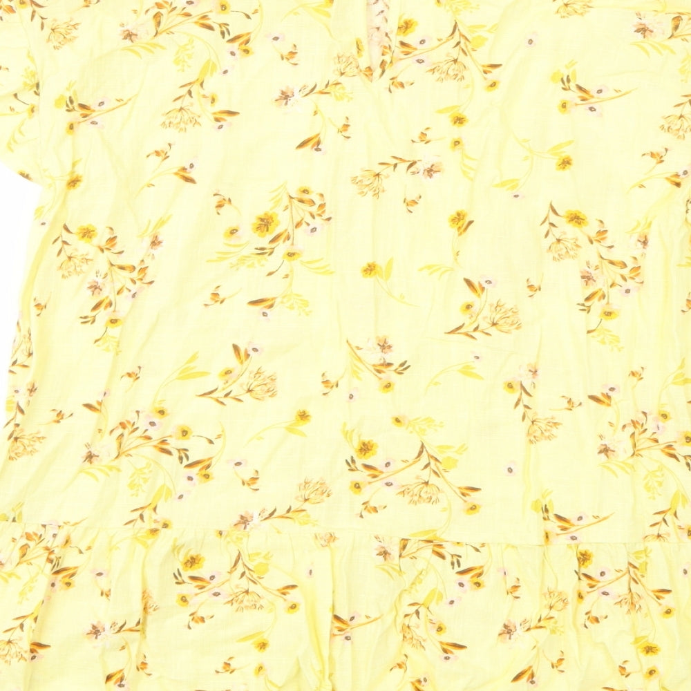 C&A Womens Yellow Floral Cotton Basic Blouse Size 6 Round Neck
