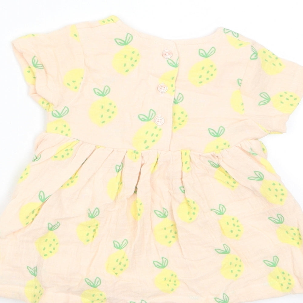Marks & Spencer Girls Pink Geometric Cotton A-Line Size 0-3 Months Crew Neck Button - Lemon Print