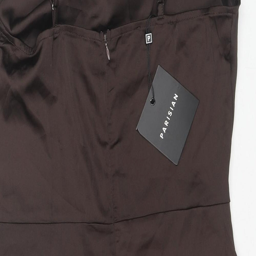 Parisian Signature Womens Brown Polyester Slip Dress Size 12 Cowl Neck Zip