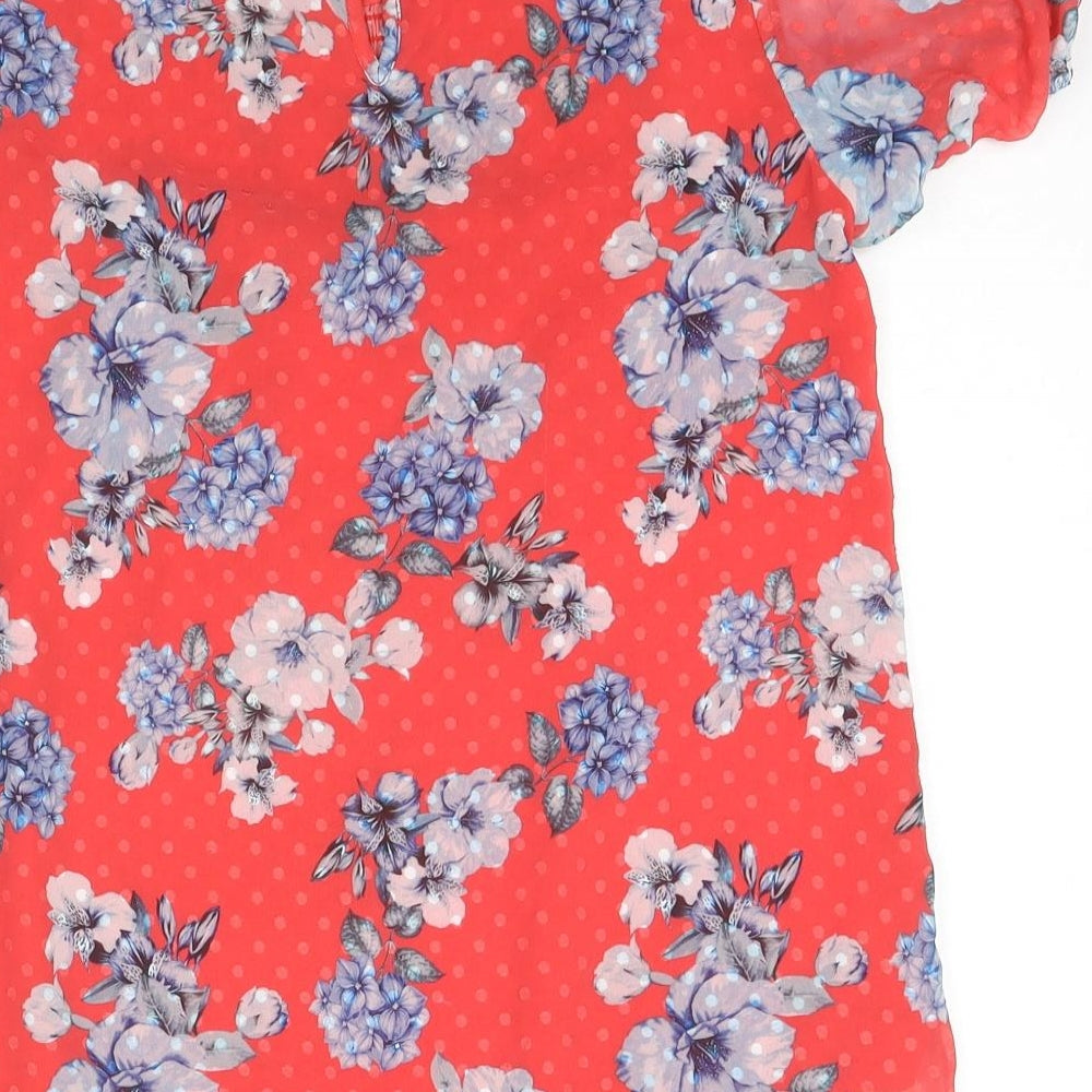 Dotti Womens Red Polka Dot Polyester Basic Blouse Size 8 Round Neck - Flowers