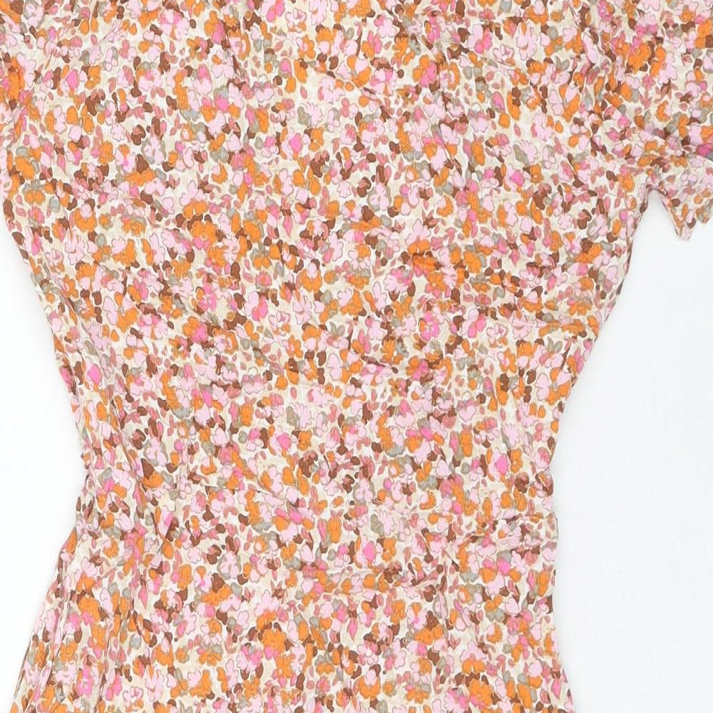 Glassons Womens Orange Floral Viscose Mini Size 8 V-Neck Zip