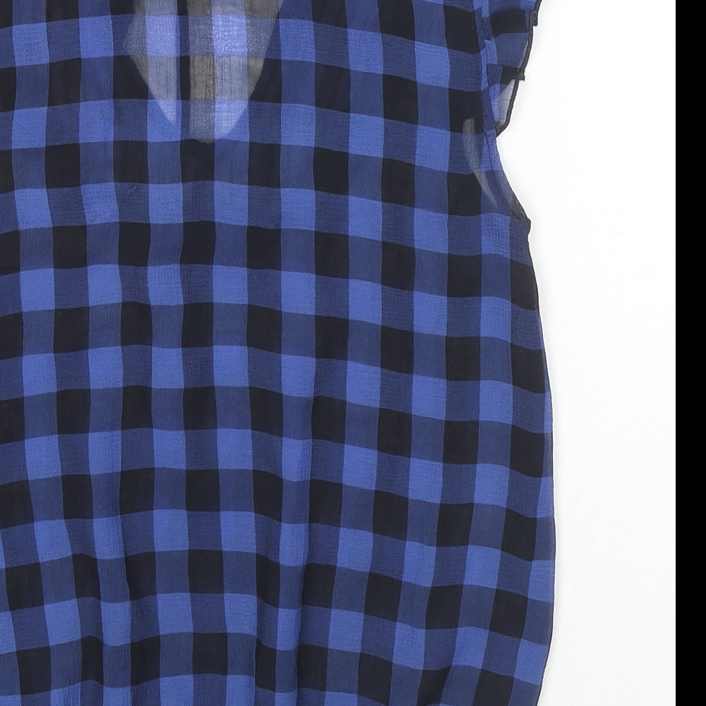 ValleyGirl Womens Blue Check Polyester Basic Blouse Size 6 V-Neck