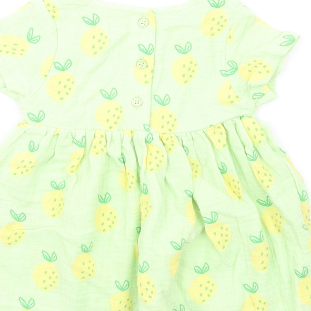Marks & Spencer Girls Green Geometric Cotton Fit & Flare Size 3-6 Months Round Neck Button