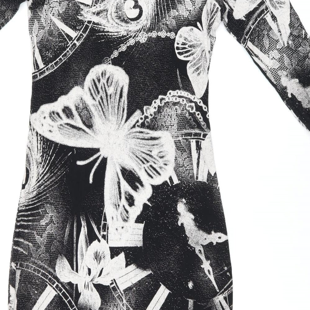 MANDI Womens Black Geometric Viscose Bodycon Size 12 Round Neck Pullover - Butterfly Print