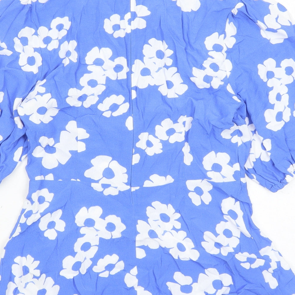 Marks & Spencer Womens Blue Floral Viscose Basic Blouse Size 6 Round Neck