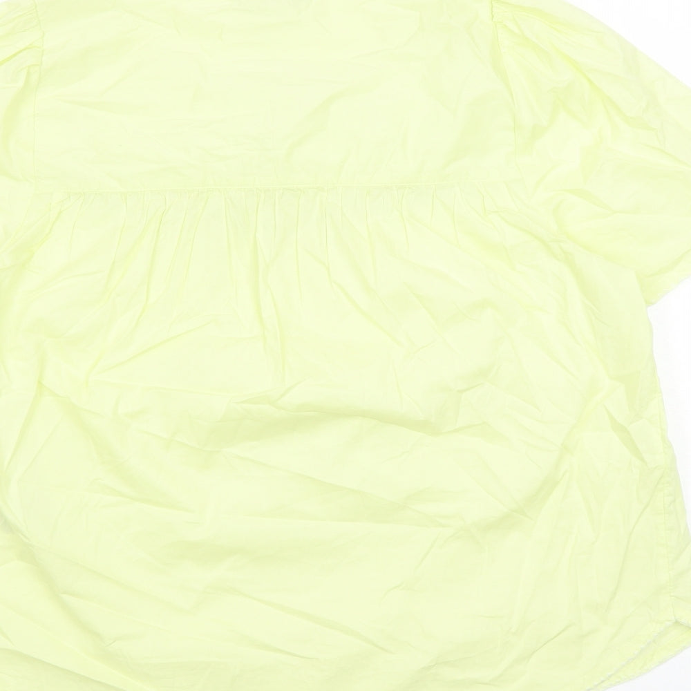 Marks & Spencer Womens Yellow Floral Cotton Basic Blouse Size 12 Round Neck - Embroidered Flowers Keyhole Neckline