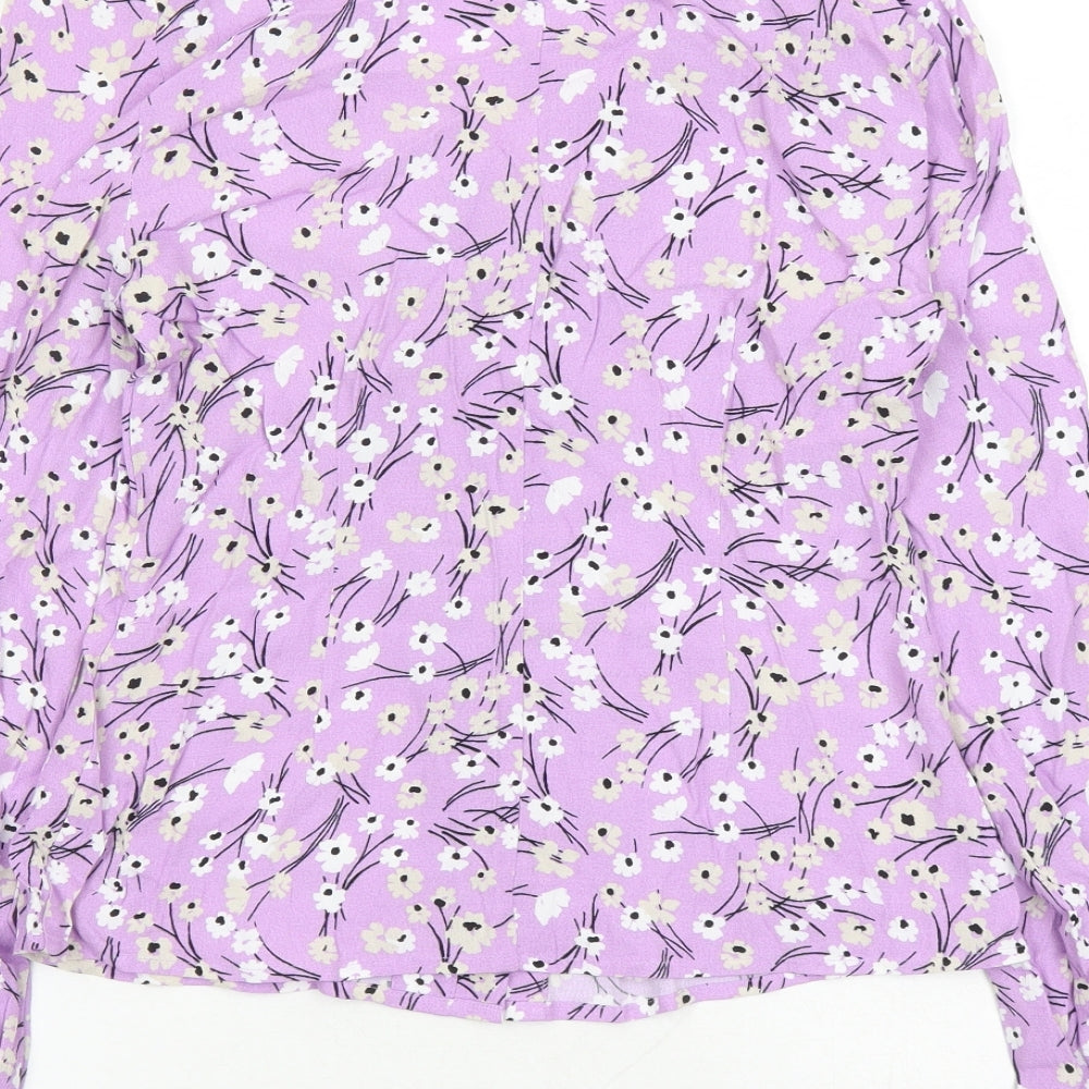 Marks & Spencer Womens Purple Floral Viscose Basic Button-Up Size 6 V-Neck