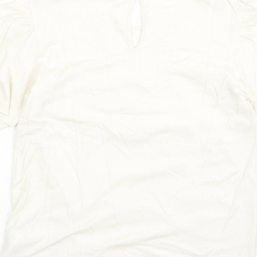 Marks & Spencer Womens Ivory Floral 100% Cotton Basic T-Shirt Size 6 Round Neck - Embroidered Detail
