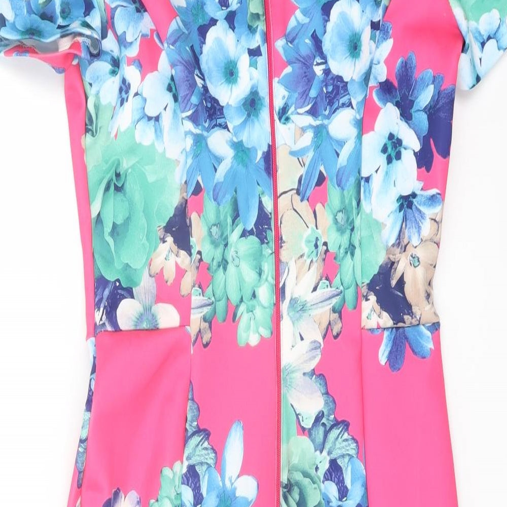 ASOS Womens Pink Floral Polyester Bodycon Size 10 V-Neck Zip