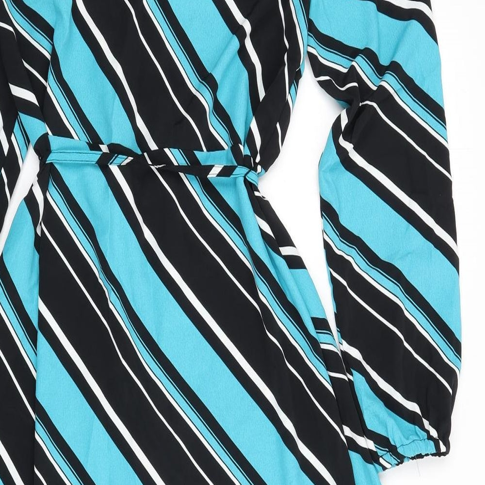 Marks & Spencer Womens Multicoloured Striped Polyester A-Line Size 10 Round Neck Button - Tie Detail