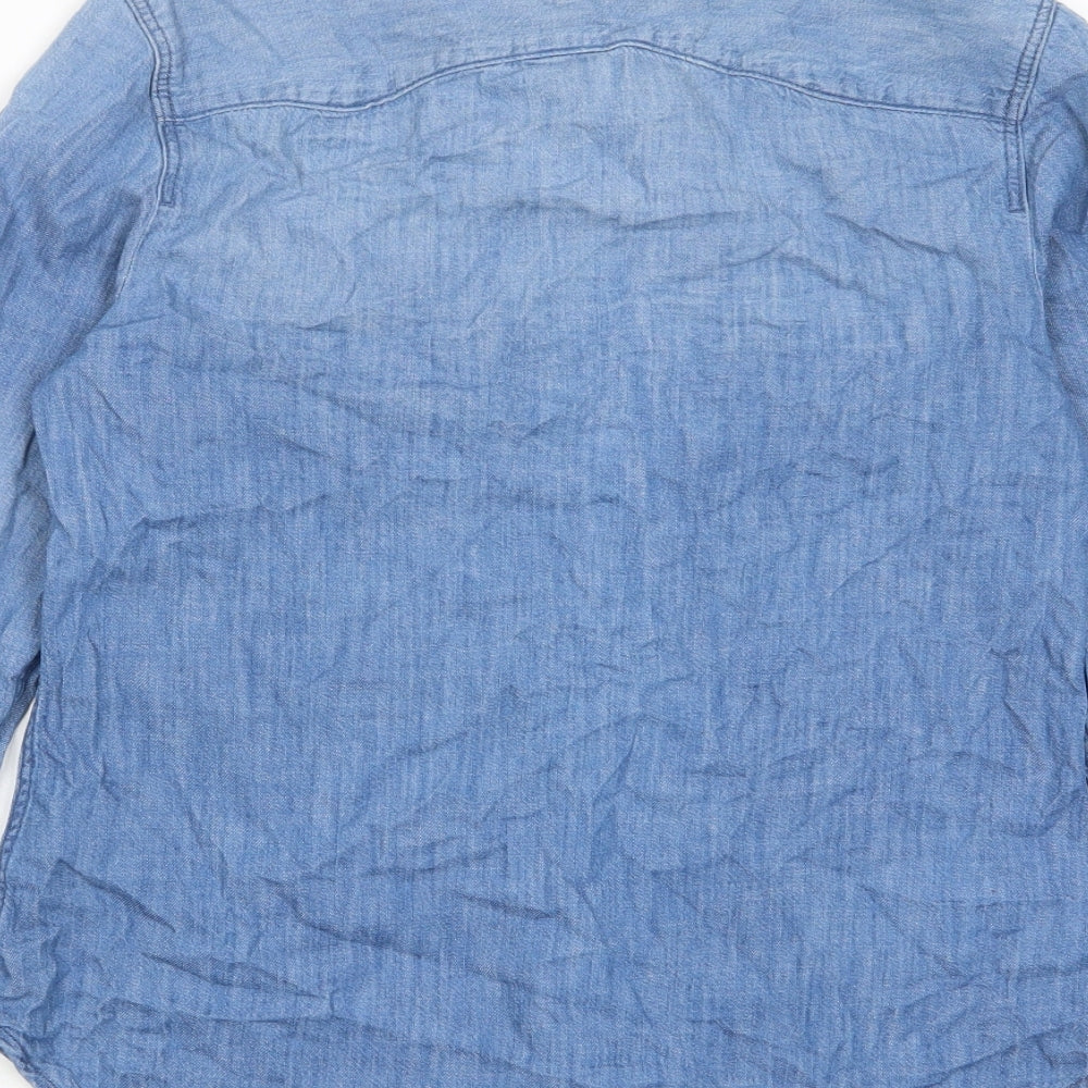 H&M Womens Blue Cotton Basic Button-Up Size 8 Collared - Pockets