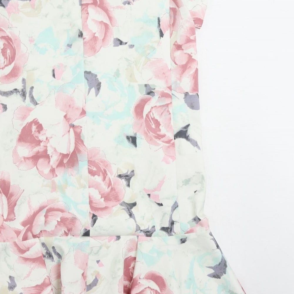 Marks & Spencer Womens Multicoloured Floral Polyester Shift Size 14 Boat Neck Zip - Ruffle