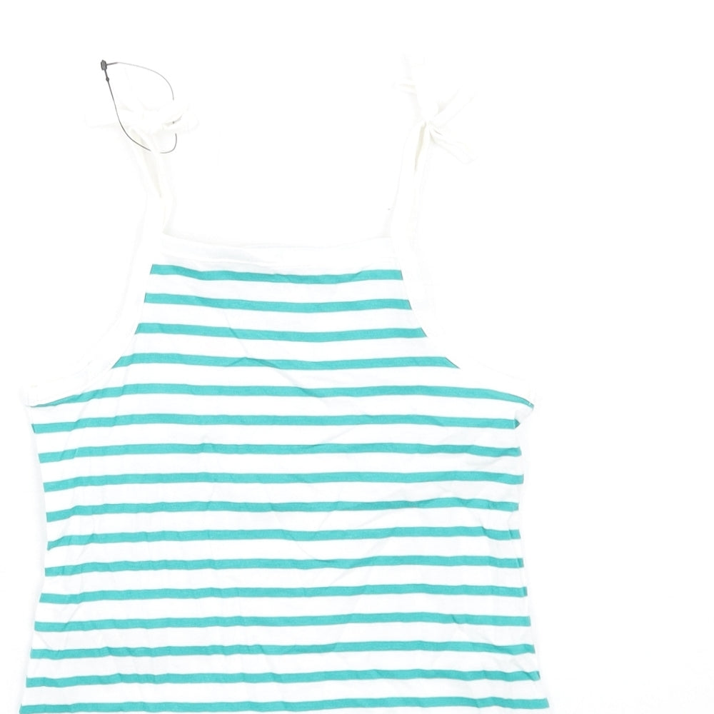 Marks & Spencer Girls Green Striped Cotton Basic Tank Size 2-3 Years Square Neck Pullover