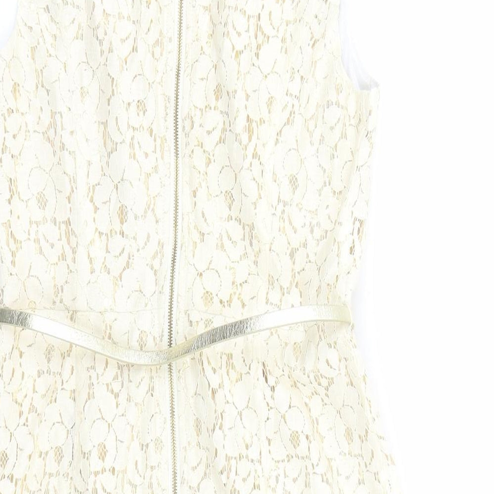 Warehouse Womens Ivory Geometric Cotton A-Line Size 10 Round Neck Zip - Belted Gold Lining