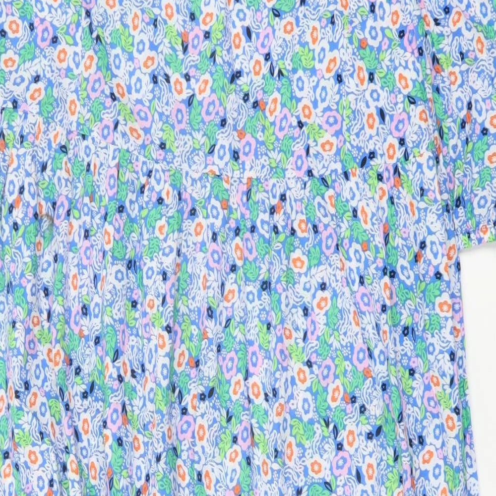 Marks & Spencer Womens Blue Floral Cotton A-Line Size 12 Round Neck Tie