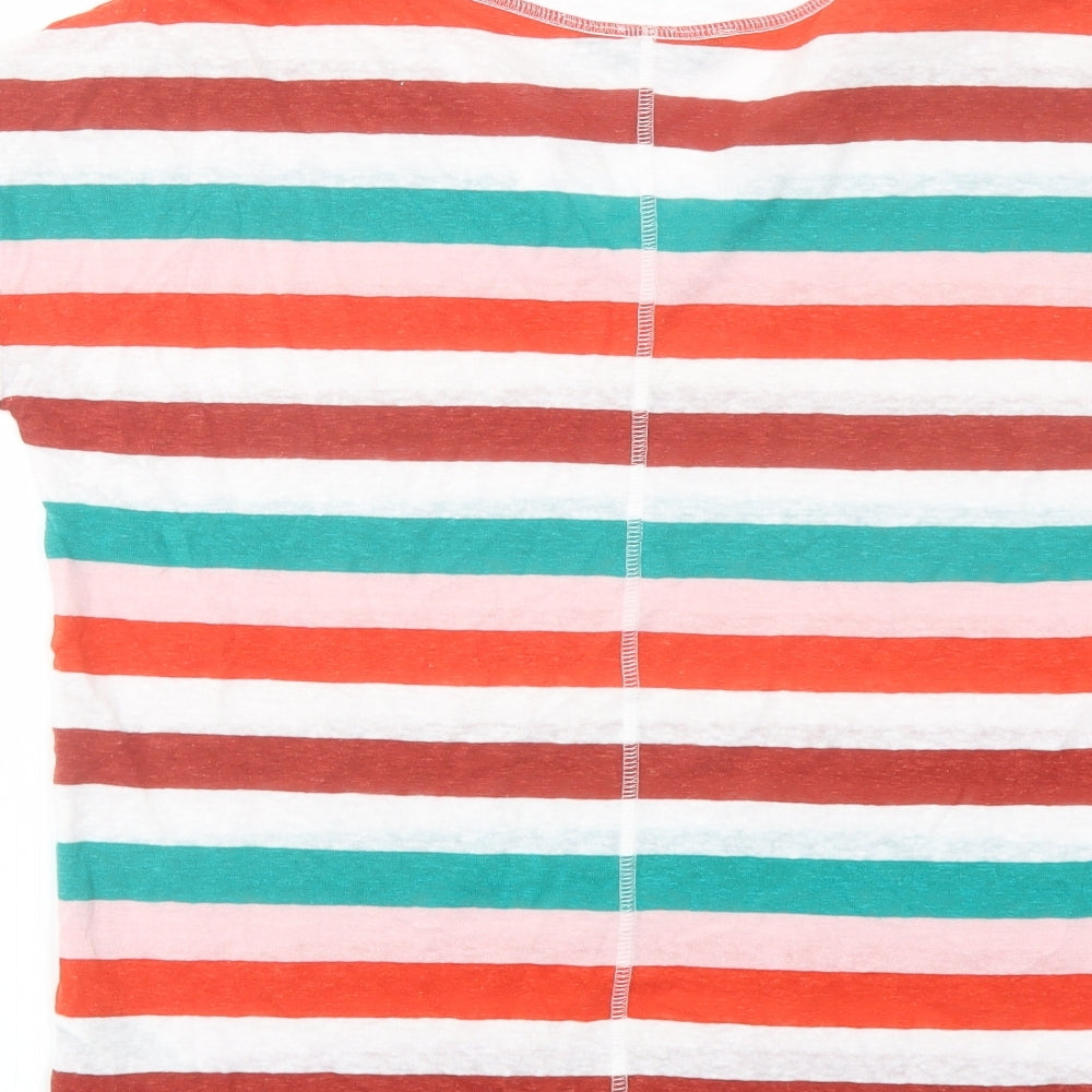 Marks & Spencer Womens Multicoloured Striped Linen Basic T-Shirt Size 8 V-Neck