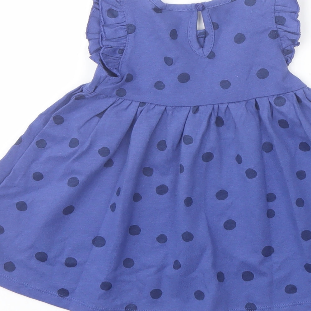 Marks & Spencer Girls Blue Polka Dot Cotton A-Line Size 3-6 Months Crew Neck Button