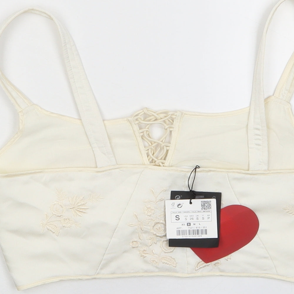 Zara Womens Ivory Polyester Cropped Tank Size S Scoop Neck - Embroidered