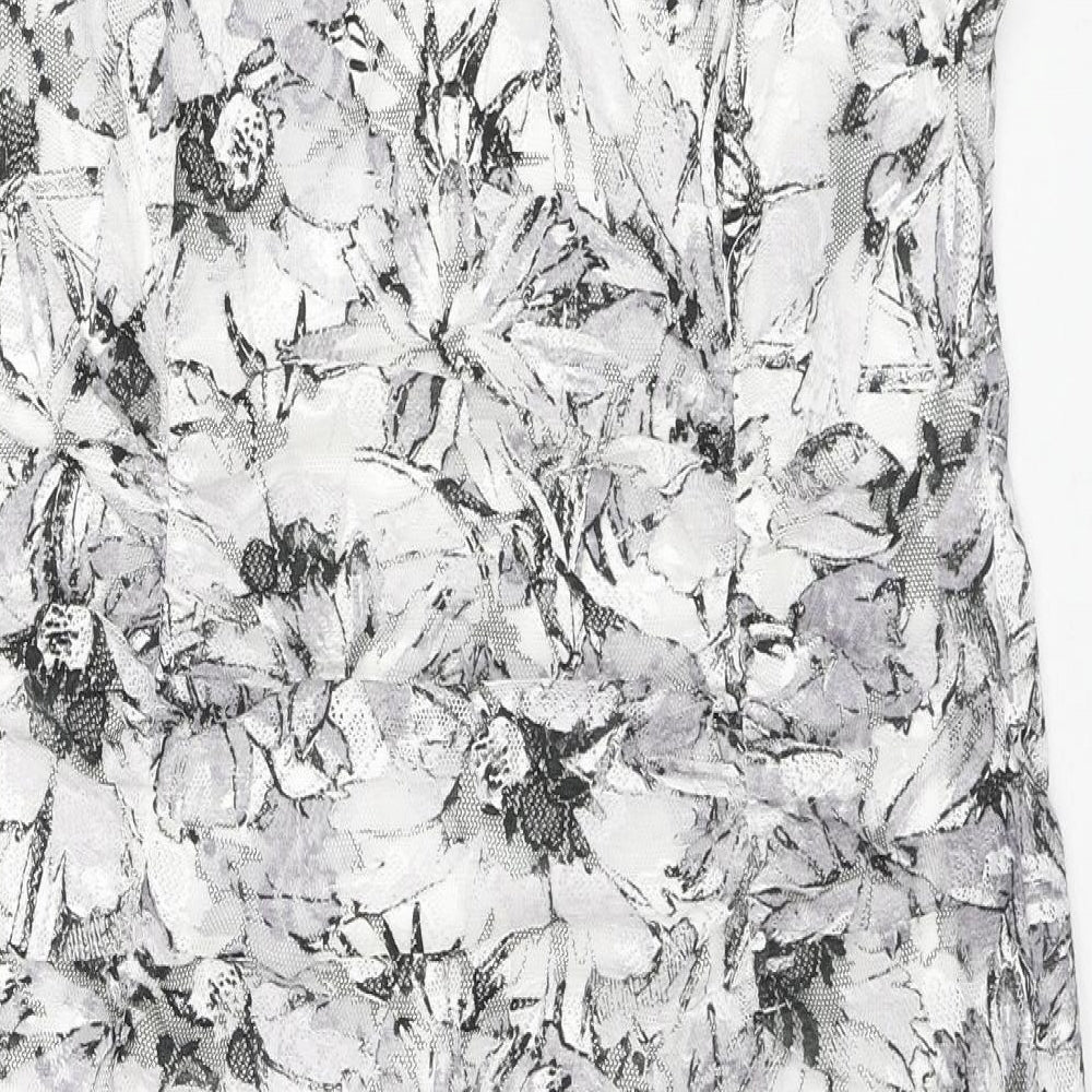 Roman Womens Grey Floral Polyester A-Line Size 14 V-Neck Pullover - Ruffle Detail