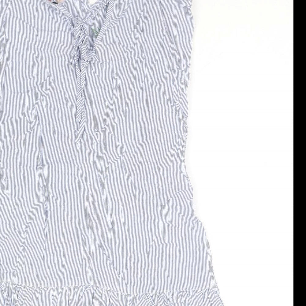 Bershka Womens Blue Striped Cotton Tank Dress Size S V-Neck Pullover - Flowers