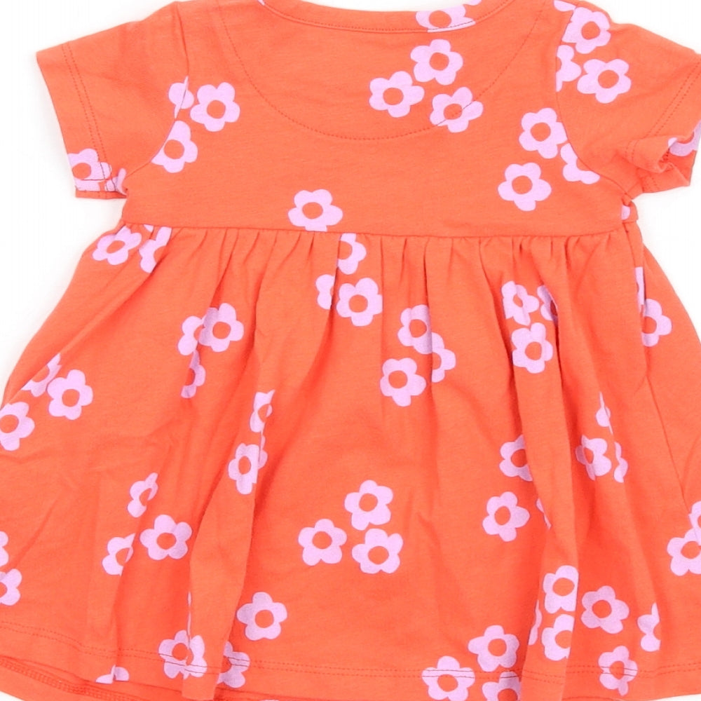 Marks & Spencer Girls Orange Floral Cotton Fit & Flare Size 0-3 Months Round Neck Snap