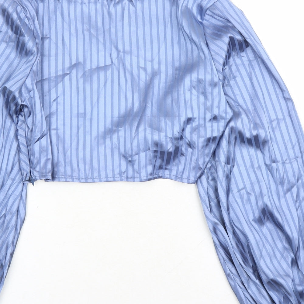 PRETTYLITTLETHING Womens Blue Striped Polyester Cropped Blouse Size 8 V-Neck