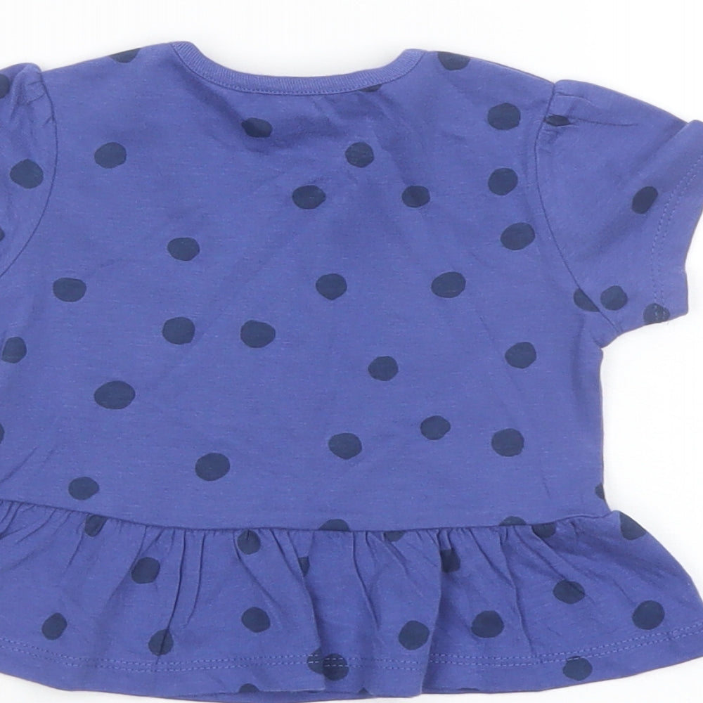 Marks & Spencer Girls Blue Polka Dot Cotton Basic T-Shirt Size 6-9 Months Crew Neck Snap