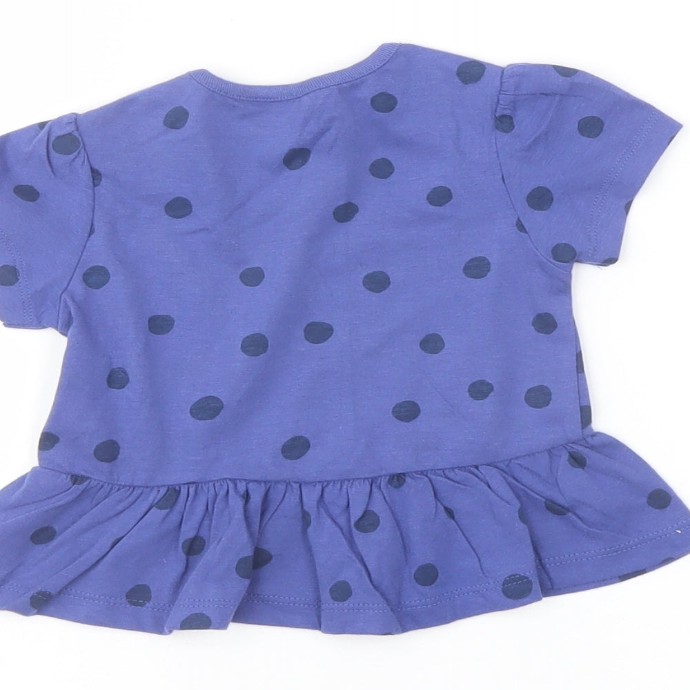 Marks & Spencer Girls Blue Polka Dot Cotton Basic T-Shirt Size 6-9 Months Crew Neck Snap