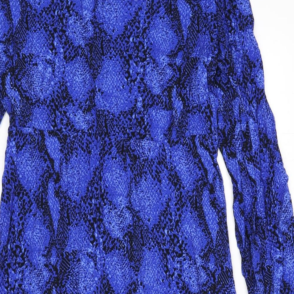 Marks & Spencer Womens Blue Animal Print Viscose Shirt Dress Size 10 Collared Button - Snake Skin Print, Tie Detail
