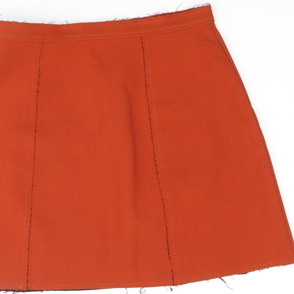 Topshop Womens Orange Polyester A-Line Skirt Size 6 Zip - Raw Finishings Buckle Detail
