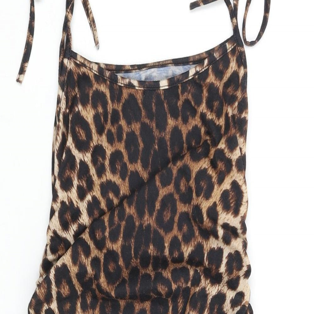 PRETTYLITTLETHING Womens Brown Animal Print Polyester Mini Size 8 Scoop Neck Pullover - Leopard Print Rouched