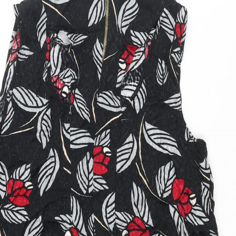River Island Womens Black Geometric Viscose Camisole Blouse Size 16 Round Neck - Leaf Print Back Cut Out