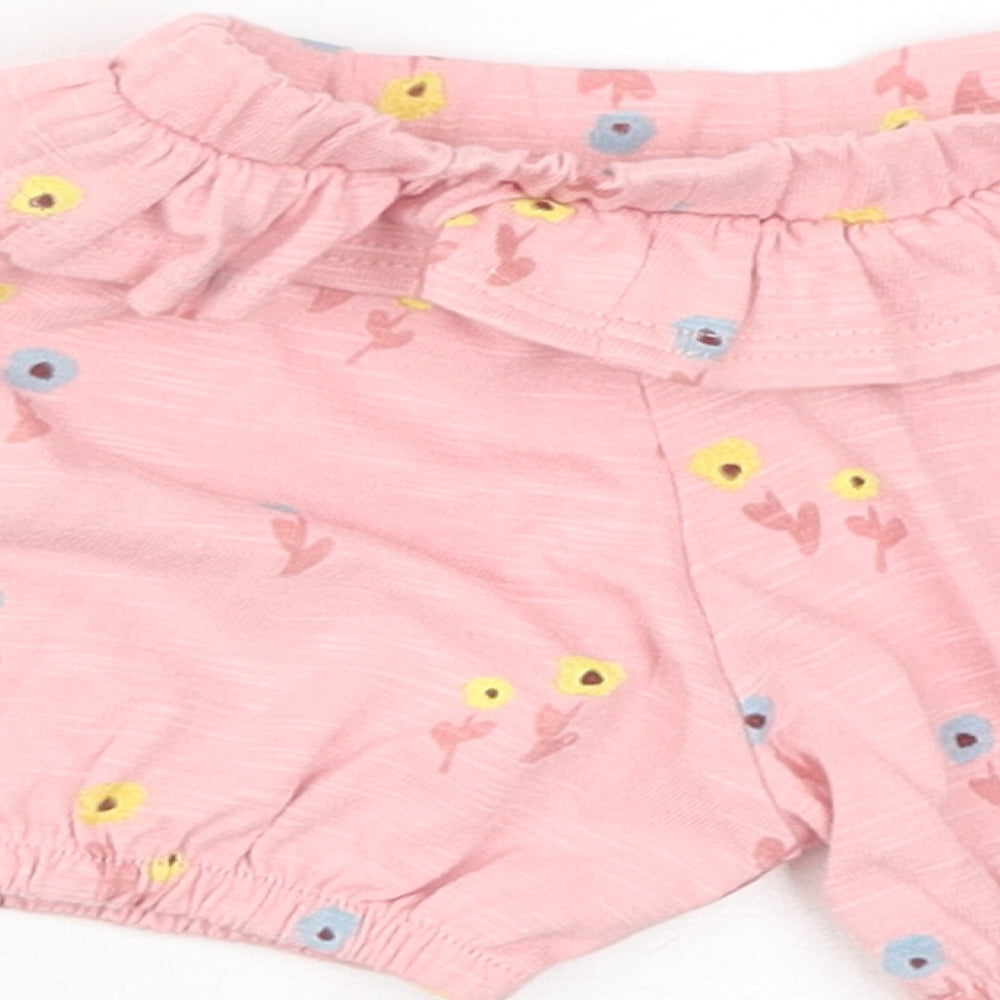 Marks & Spencer Girls Pink Floral Cotton Cropped Trousers Size 0-3 Months Pullover - 1 Month, Inside Leg 2in