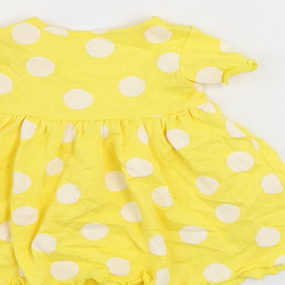 Marks & Spencer Girls Yellow Polka Dot Cotton A-Line Size 3-6 Months Round Neck Snap