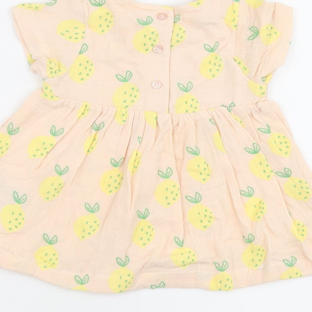 Marks & Spencer Girls Pink Geometric Cotton A-Line Size 3-6 Months Round Neck Button - Lemon Print